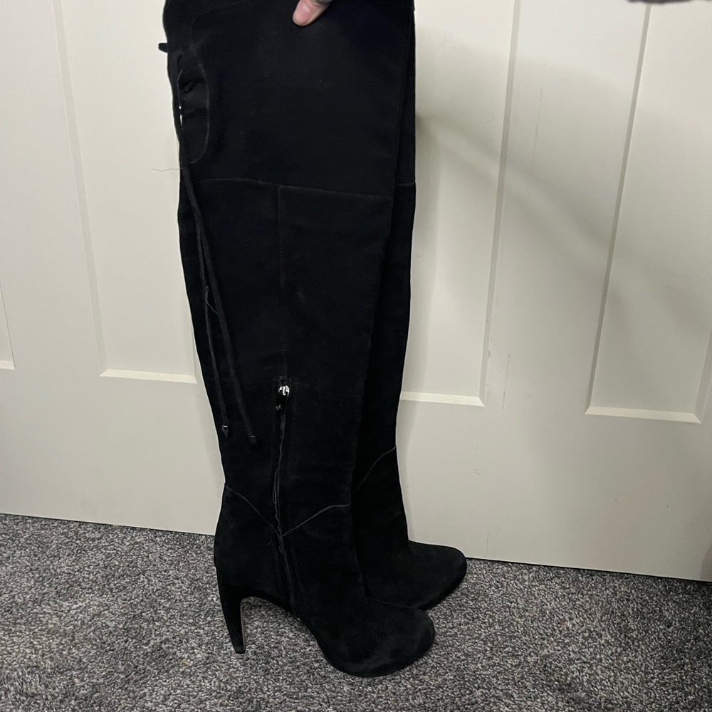 Sam Edelman Black Over the Knee Vegan Suede Lace Up Heeled Boots Kayla